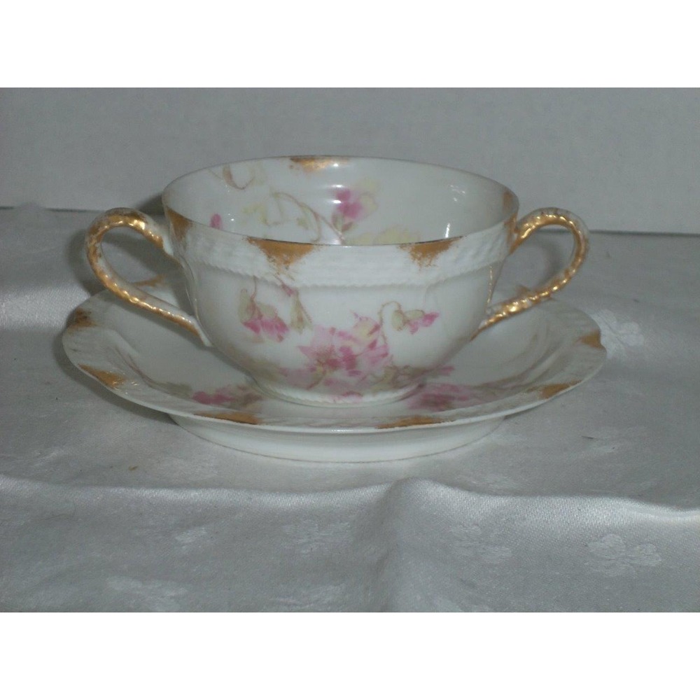 Haviland Limoges Schleiger 54-2 Bouillion Handle Soup Bowl & Saucer Pink Floral‎